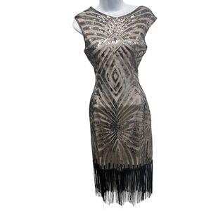 Unique Vintage Sequin Art Deco Flapper Dress Black Pink Silver Fringe‎ S NEW